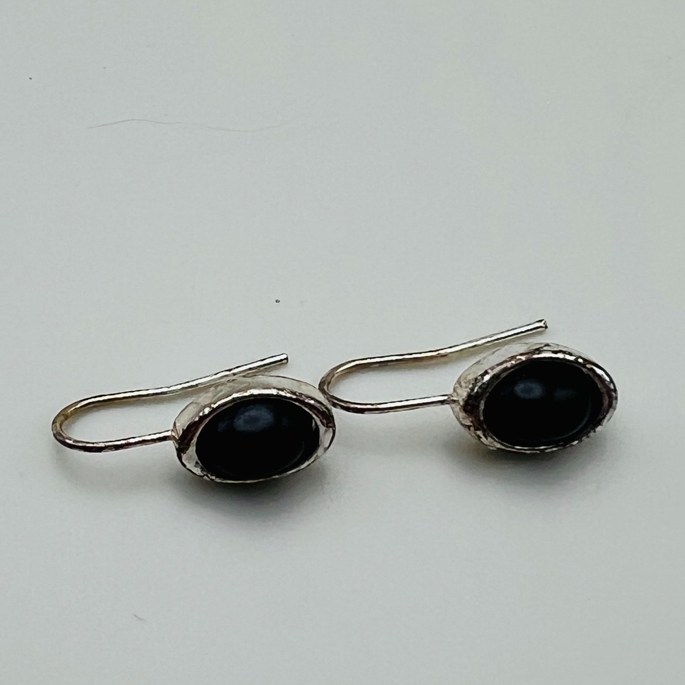 Silver Tone Dangle Pierced Earrings Oval Black Cabochon Beaded Center Drop